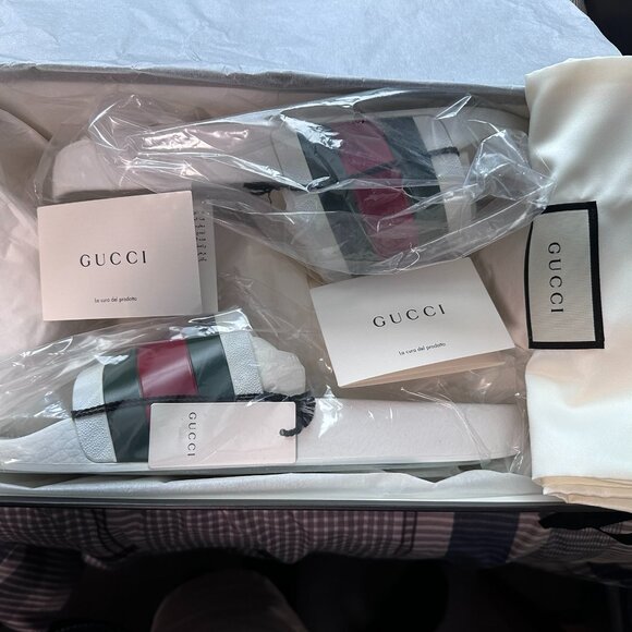 Gucci Men's Pursuit Pool Rubber Slides Sandal, Size 12G/US12.5, White/Red/Green - Picture 12 of 13
